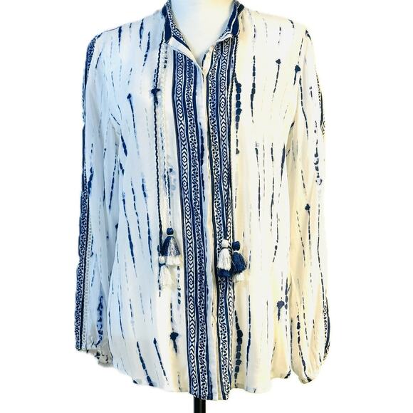 Chico's Button-Up Long Sleeve Shirt Boho Tie-Dye Effect Women 1 (M) White Blue - Picture 1 of 13
